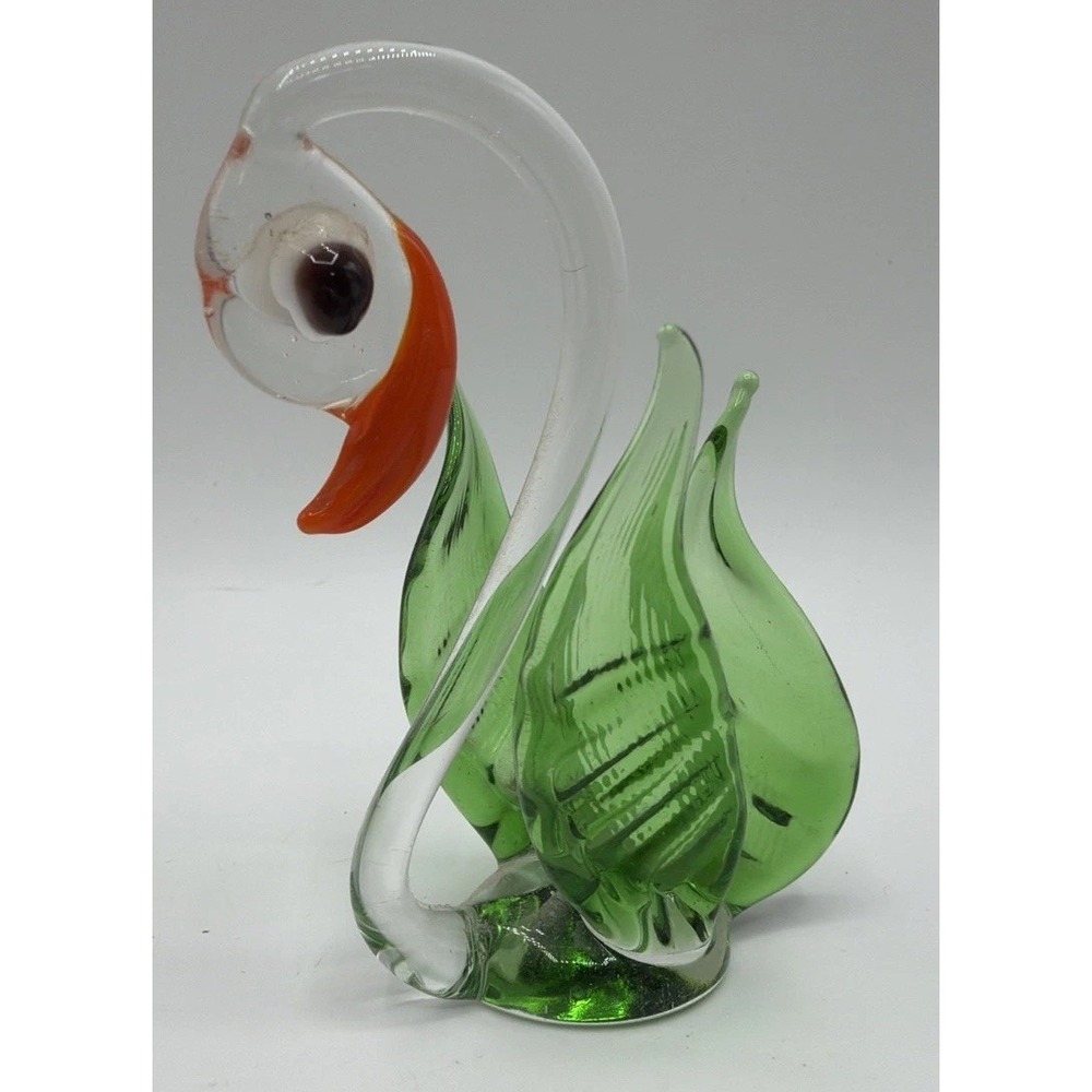 Vintage 70's Hand Blown Art Glass Swan Figurine. Clear, Green, w/Orange Beak 3"